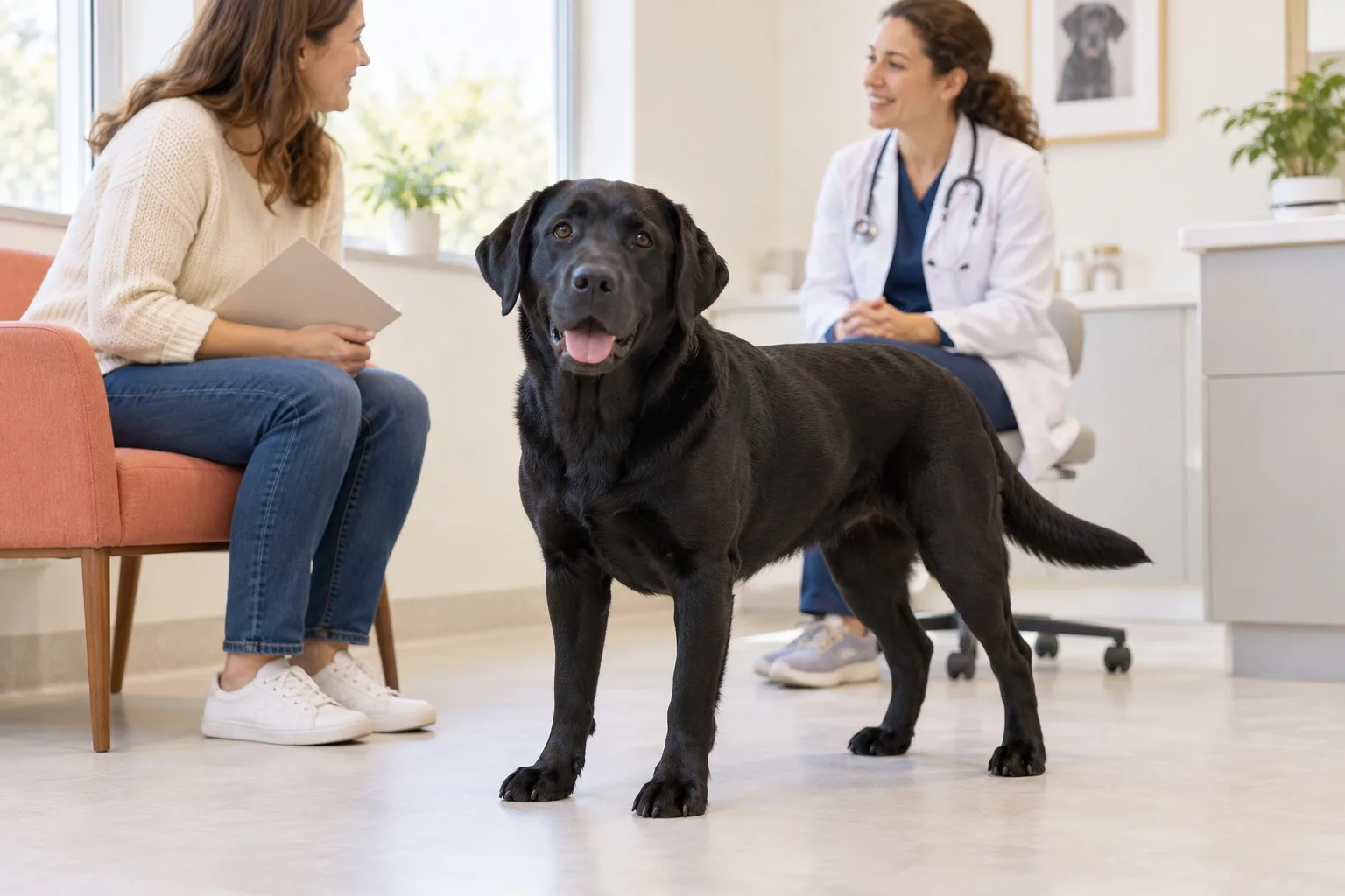 Black Labrador Retriever standing in a consultation room beside its owner and a veterinarian